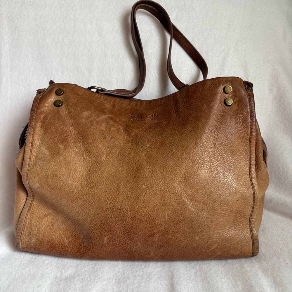American Leather Co Brown Leather Shoulder Bag Tote Brass Hardware